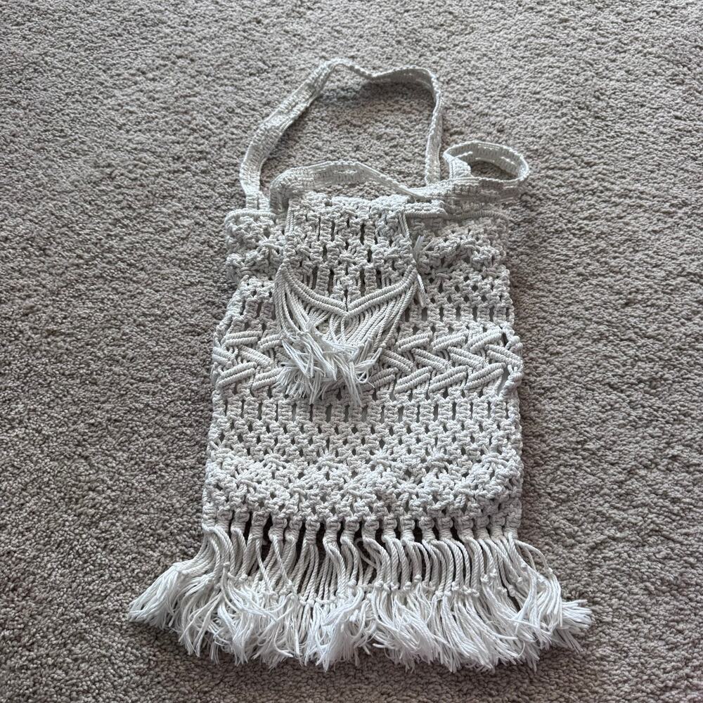 Vintage Off-White Macrame Boho Bag Purse Handbag Small Woven